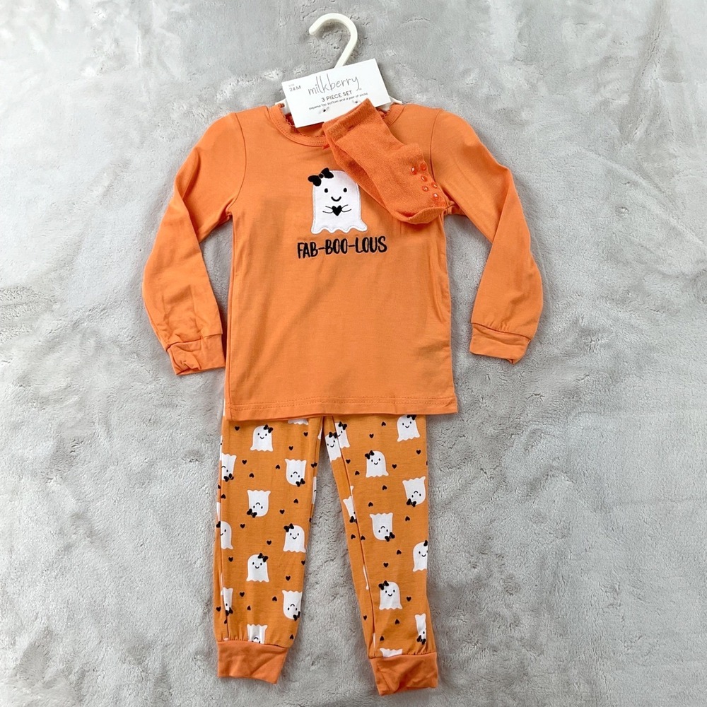 Milkberry Kids Halloween Ghost Bamboo Pajama Set 3pc Orange 24M New